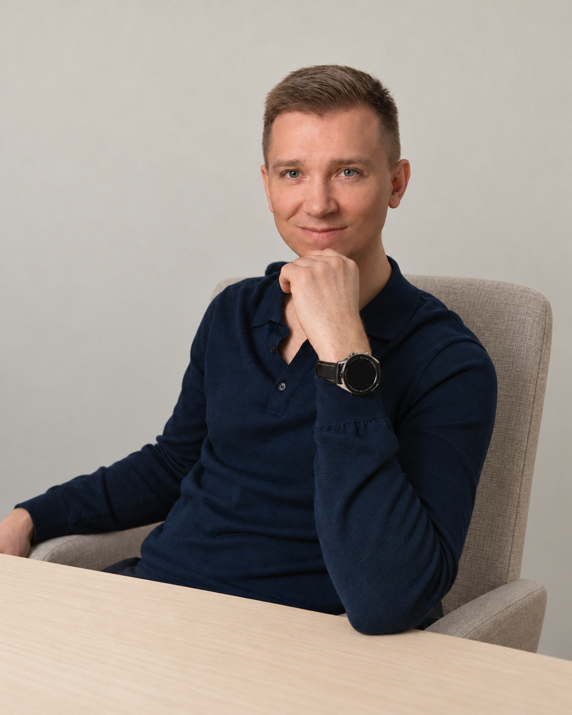 Алексей Кирюхин за столом, с рукой у подбородка